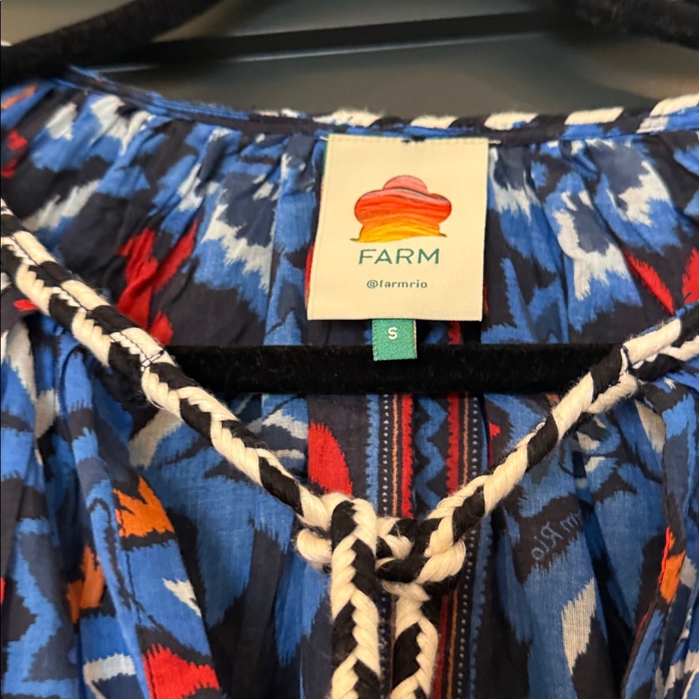 FARM Rio Blue Ikat-Print Peasant Blouse with Red and Orange Accents - Picture 2 of 4